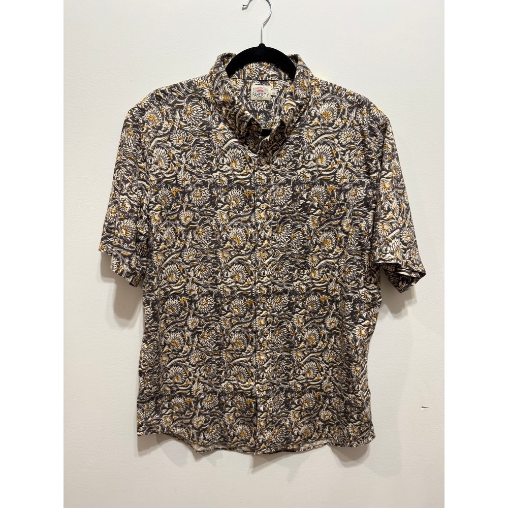 Faherty Brand Mens Large Floral Block Print Short Sleeve Button Down Shirt Brown